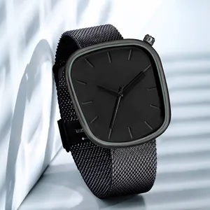 Montre à Quartz Minimaliste en Forme de Galet Carré Pour Hommes Femmes Boîtier en Alliage Bracelet Similicuir Maille Étanche Cadeau
