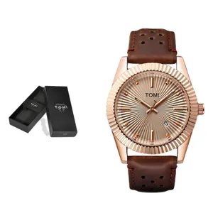 Montre à quartz TOMI pour homme avec lunette en or rose et bracelet en cuir marron