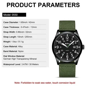 Detailed product parameters for BIDEN military sports quartz watch with nylon strap