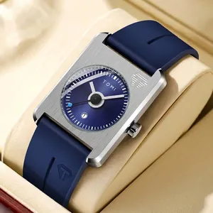 Montre TOMI carrée avec calendrier, cadran bleu et bracelet en silicone élégant