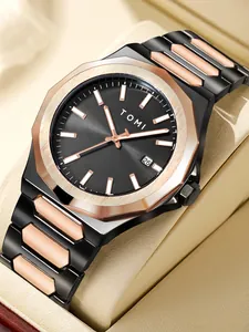 Detailed view of TOMI men's business watch featuring a black and rose gold steel strap.