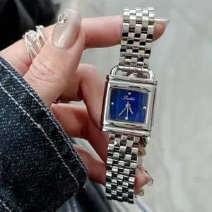 Montre Scottie vintage carrée pour femme, cadran bleu et boîtier argenté en forme de cadenas