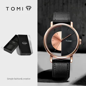 Minimalistische TOMI Unisex-Uhr mit einzigartigem hohlen Zifferblatt und schwarzem Band.