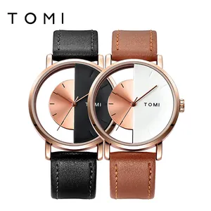 Minimalistische TOMI Unisex-Hohlskelettuhr mit Roségoldgehäuse und Lederarmband