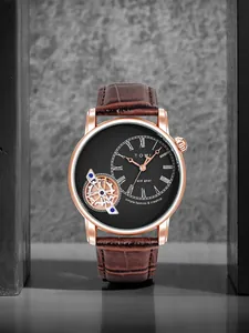 Orologio uomo business TOMI face gear al quarzo con cinturino in pelle marrone e ingranaggi