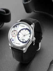 Vue détaillée de la montre à quartz TOMI pour hommes avec un cadran squelette asymétrique unique