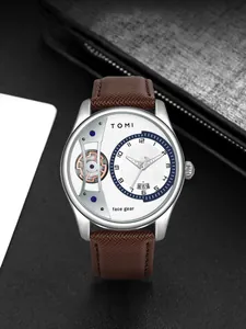 Montre à quartz TOMI pour hommes avec design face gear et bracelet en cuir marron