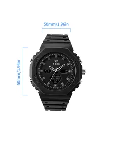 Nahaufnahme der schwarzen TOMI-Sportuhr mit 50 mm Gehäusemaß