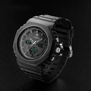 TOMI Herren Sport Elektronische Uhr Leuchtender Kalender 30M Wasserdicht Doppelanzeige Achteck TPU Armband Casual Armbanduhr