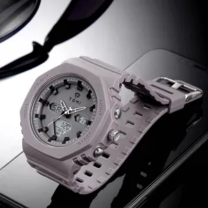 Elegante graue TOMI Sport-Digitaluhr mit Dual-Anzeige, Leuchtzifferblatt und Kalender