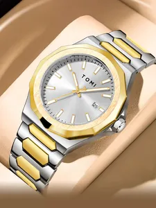 Detailed shot of TOMI men's two-tone steel watch featuring an octagonal bezel