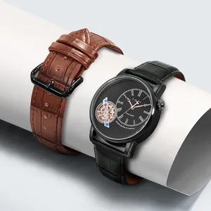 Orologio al Quarzo da Uomo TOMI Face Gear Serie Business Cassa in Lega Cinturino in Pelle Numeri Romani Orologio da Polso Casual Impermeabile