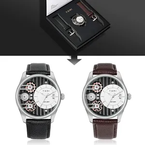 TOMI Orologio al Quarzo da Uomo Business Quadrante con Design Unico a Ingranaggi con Datario Cinturino in Pelle PU Cassa in Lega Set Regalo per Uomo