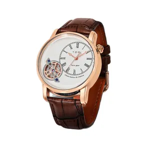 Orologio al quarzo da uomo TOMI face gear con cinturino in pelle marrone e cassa in oro rosa
