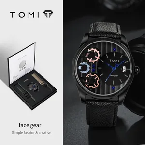 Orologio al quarzo TOMI da uomo con quadrante a ingranaggi e cinturino in pelle