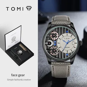 Orologio al quarzo da uomo TOMI con design a ingranaggi e cinturino in pelle grigia
