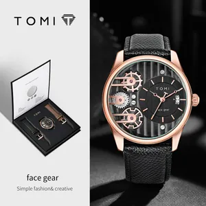 Orologio al quarzo da uomo TOMI con cinturino in pelle e quadrante creativo a ingranaggi.
