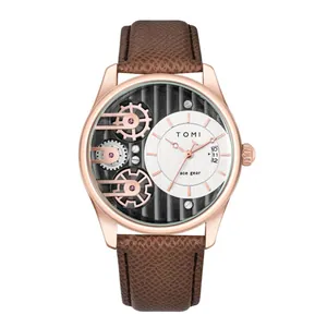 Orologio al quarzo TOMI da uomo con cinturino in pelle marrone e cassa in oro rosa