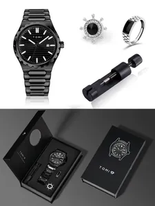 TOMI Set Regalo Orologio al Quarzo Impermeabile da Uomo Business Con Cinturino in Lega di Zinco Spilla in Strass Anello