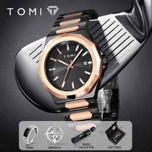 Coffret montre homme TOMI luxe business avec bracelet en acier noir et or rose