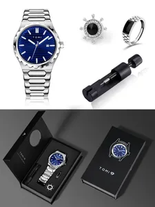Set orologio TOMI premium da uomo in acciaio argento con quadrante blu, anello e orecchino