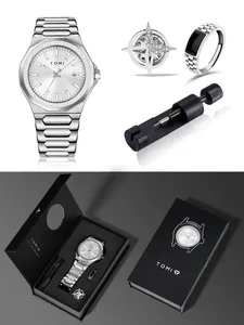 TOMI minimalist silver men's watch gift set with ring, brooch, and adjuster in box.