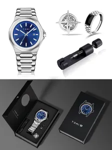 TOMI premium men's watch gift set with blue dial, steel strap, ring, and brooch