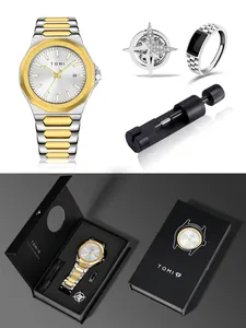 TOMI professional business men's watch set with steel band, star brooch and ring