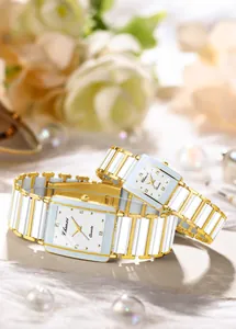 Detailed close-up of Chenxi elegant square couple watches featuring white ceramic style bands