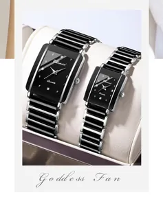 Elegant Chenxi square couple watch set with black ceramic strap and silver quartz dial