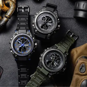 Close-up of Sanda military style digital watches with waterproof design and straps