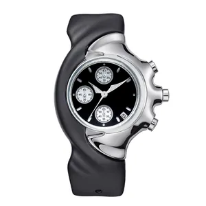 Detail view of a Y2K futuristic watch with a distorted silver case and black dial