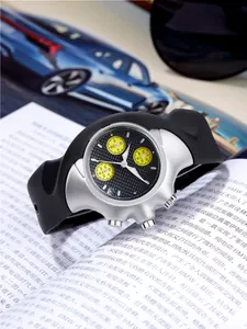 Detailed macro view of silver Y2K distorted futuristic quartz watch with yellow dials