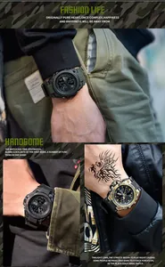 Multiple views of military style men's large dial waterproof digital watches on wrists.