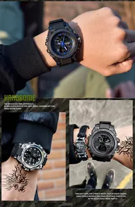 Detailed macro view of a military style waterproof digital watch with large dial on a male wrist