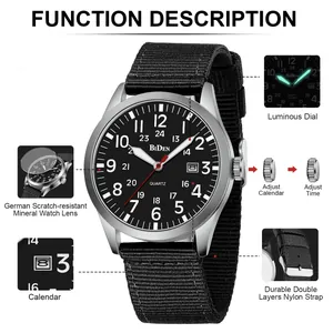Detailed features of BIDEN men's sport quartz watch with waterproof nylon strap