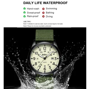 Detail view of BIDEN waterproof sports watch with nylon strap splashing in water