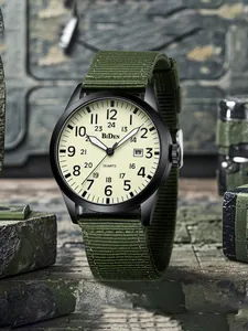 Professional close-up of BiDEN military quartz watch with green nylon strap and date