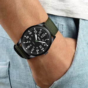 Macro view of BIDEN men's quartz watch with green nylon strap and black dial