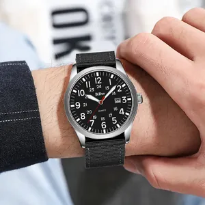 Men's sports quartz watch with durable black nylon strap and waterproof silver metal case.