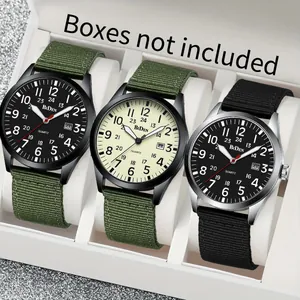 Close-up of BIDEN military style quartz watches with green and black nylon straps.