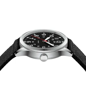 Side view detail of silver-tone men's quartz watch with durable black nylon strap