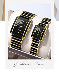 Detailed view of CHENXI square couple watches featuring black ceramic gold bands