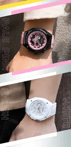 Vista detallada de los cronógrafos deportivos MEGIR en rosa pálido y blanco en la muñeca.