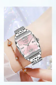 Elegant Labaoli square women's watch with pink dial and silver steel band on wrist