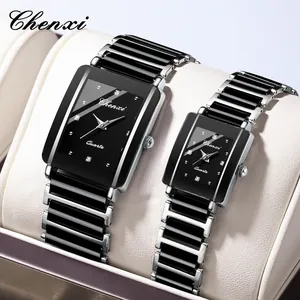 Chenxi Luxury Square Couple Quartz Watch Men Women Waterproof Ceramic Stainless Steel Band Rhinestone Dial Fashion Business Watch