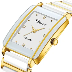 Chenxi rectangular quartz watch with white ceramic band and gold bezel