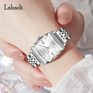 Elegant Labaoli LA692 square ladies wristwatch with silver steel band and crystal accents