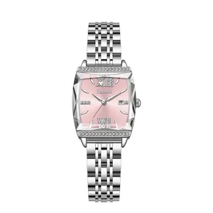 Elegant ladies square watch with pink dial and silver stainless steel strap LA692
