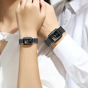 Elegant CHENXI square couple watches featuring black ceramic and stainless steel bands
